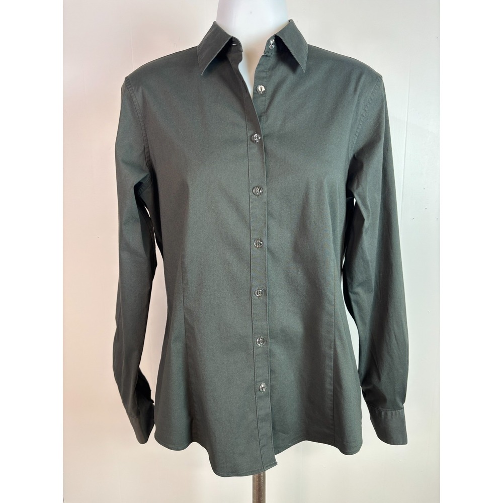 Brooks Brothers Button-Front Shirt 10 Forest Green Stretch Cotton Top Women's